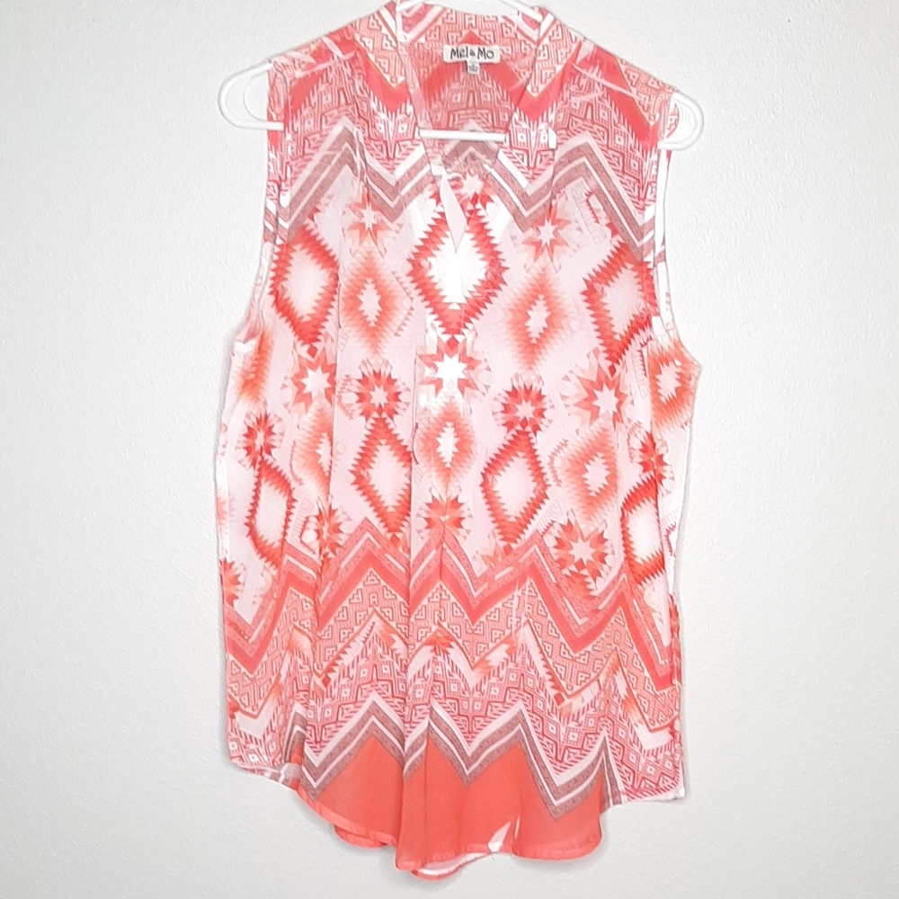 🌺 Mel & Mo Sleeveless Semi-Sheer V-Neck Coral & White Top Size Medium